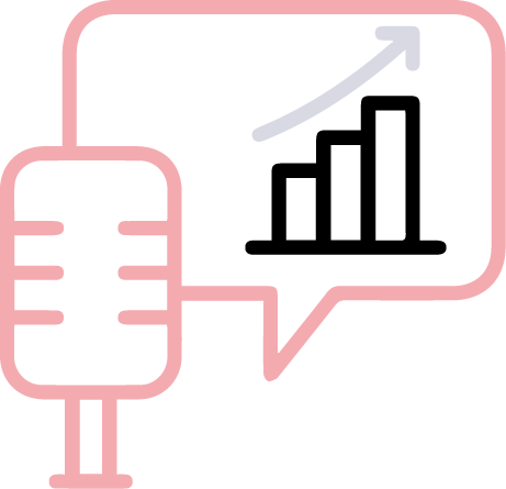 An outline of a microphone beside a speech bubble with an upward-pointing arrow, representing public speaking or broadcasting aimed at growth or progress.