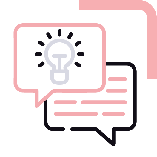 Two speech bubbles overlapping, with one containing a lightbulb icon representing an idea or innovation, and the other with text lines, symbolizing communication or brainstorming.