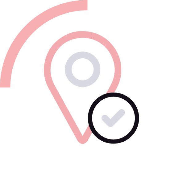 A pin-drop location icon with a checkmark in a circle overlapping the lower right corner, suggesting verification or completion of a specific location-based task.