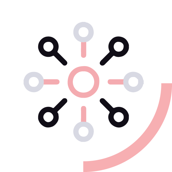 A central circle connected to multiple smaller circles, forming a network-like structure, symbolizing connectivity or community building.